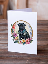 Load image into Gallery viewer, Black Pug and Flowers Greeting Cards -  Blank Note Cards – 8-Pack of Artist-Designed Cards with Envelopes