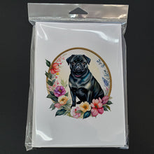 Load image into Gallery viewer, Black Pug and Flowers Greeting Cards -  Blank Note Cards – 8-Pack of Artist-Designed Cards with Envelopes