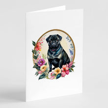 Load image into Gallery viewer, Black Pug and Flowers Greeting Cards -  Blank Note Cards – 8-Pack of Artist-Designed Cards with Envelopes