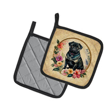 Load image into Gallery viewer, Black Pug and Flowers Pot Holders - Set of 2 Decorative Kitchen Helpers | Made in the USA
