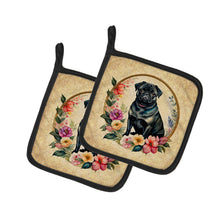 Load image into Gallery viewer, Black Pug and Flowers Pot Holders - Set of 2 Decorative Kitchen Helpers | Made in the USA