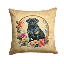 Load image into Gallery viewer, Black Pug and Flowers Throw Pillow - 14x14 Decorative Pillow – Art for Your Home &amp; Patio