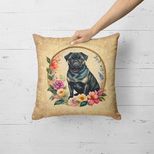 Load image into Gallery viewer, Black Pug and Flowers Fabric Decorative Pillow