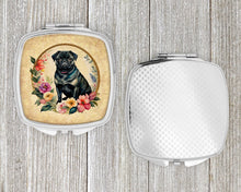 Load image into Gallery viewer, Black Pug and Flowers Compact Mirror – Stylish Purse Mirror with Artistic Covers