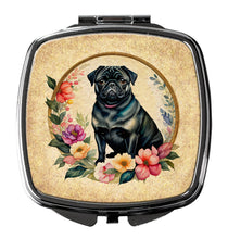 Load image into Gallery viewer, Black Pug and Flowers Compact Mirror – Stylish Purse Mirror with Artistic Covers