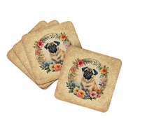 Load image into Gallery viewer, Fawn Pug and Flowers Coasters - Set of 4 Lightweight Foam, Absorbent Drink Coasters