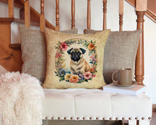Load image into Gallery viewer, Fawn Pug and Flowers Throw Pillow - 14x14 Decorative Pillow – Art for Your Home &amp; Patio