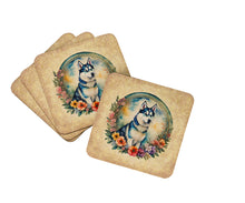 Load image into Gallery viewer, Siberian Husky and Flowers Coasters - Set of 4 Lightweight Foam, Absorbent Drink Coasters