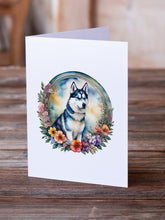 Load image into Gallery viewer, Siberian Husky and Flowers Greeting Cards -  Blank Note Cards – 8-Pack of Artist-Designed Cards with Envelopes