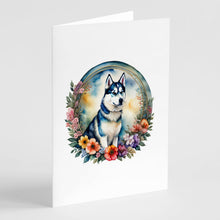 Load image into Gallery viewer, Siberian Husky and Flowers Greeting Cards -  Blank Note Cards – 8-Pack of Artist-Designed Cards with Envelopes