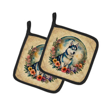 Load image into Gallery viewer, Siberian Husky and Flowers Pot Holders - Set of 2 Decorative Kitchen Helpers | Made in the USA