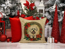 Load image into Gallery viewer, Bichon Frise Christmas Flowers Throw Pillow