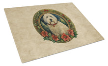 Load image into Gallery viewer, Old English Sheepdog Christmas Flowers Glass Cutting Boards – Durable, Decorative Kitchen Art