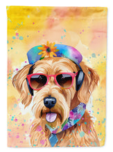 Load image into Gallery viewer, Airedale Terrier Hippie Dawg Garden Flag – Retro Dog with Sunglasses &amp; Multicolored Background