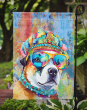 Load image into Gallery viewer, Akita Hippie Dawg Garden Flag – Retro Dog with Sunglasses &amp; Multicolored Background