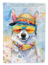 Load image into Gallery viewer, Alaskan Klee Kai Hippie Dawg Garden Flag – Retro Dog with Sunglasses &amp; Multicolored Background