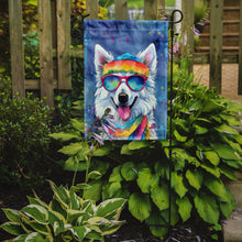 Load image into Gallery viewer, American Eskimo Hippie Dawg Garden Flag – Retro Dog with Sunglasses &amp; Multicolored Background