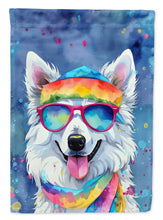 Load image into Gallery viewer, American Eskimo Hippie Dawg Garden Flag – Retro Dog with Sunglasses &amp; Multicolored Background