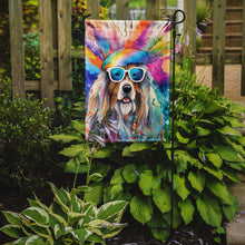 Load image into Gallery viewer, Bearded Collie Hippie Dawg Garden Flag – Retro Dog with Sunglasses &amp; Multicolored Background