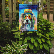 Load image into Gallery viewer, Bearded Collie Hippie Dawg Garden Flag – Retro Dog with Sunglasses &amp; Multicolored Background