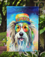Load image into Gallery viewer, Bearded Collie Hippie Dawg Garden Flag – Retro Dog with Sunglasses &amp; Multicolored Background