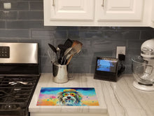 Load image into Gallery viewer, Bearded Collie Hippie Dawg Glass Cutting Boards – Durable, Decorative Kitchen Art Large