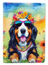 Load image into Gallery viewer, Bernese Mountain Dog Hippie Dawg Garden Flag – Retro Dog with Sunglasses &amp; Multicolored Background
