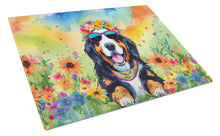Load image into Gallery viewer, Bernese Mountain Dog Hippie Dawg Glass Cutting Boards – Durable, Decorative Kitchen Art Large