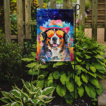 Load image into Gallery viewer, Bernese Mountain Dog Hippie Dawg Garden Flag – Retro Dog with Sunglasses &amp; Multicolored Background