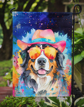 Load image into Gallery viewer, Bernese Mountain Dog Hippie Dawg Garden Flag – Retro Dog with Sunglasses &amp; Multicolored Background
