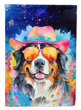 Load image into Gallery viewer, Bernese Mountain Dog Hippie Dawg Garden Flag – Retro Dog with Sunglasses &amp; Multicolored Background