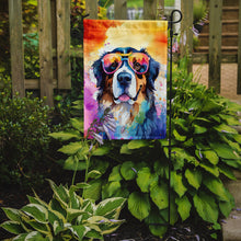 Load image into Gallery viewer, Bernese Mountain Dog Hippie Dawg Garden Flag – Retro Dog with Sunglasses &amp; Multicolored Background
