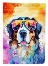 Load image into Gallery viewer, Bernese Mountain Dog Hippie Dawg Garden Flag – Retro Dog with Sunglasses &amp; Multicolored Background