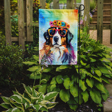 Load image into Gallery viewer, Bernese Mountain Dog Hippie Dawg Garden Flag – Retro Dog with Sunglasses &amp; Multicolored Background