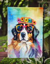Load image into Gallery viewer, Bernese Mountain Dog Hippie Dawg Garden Flag – Retro Dog with Sunglasses &amp; Multicolored Background