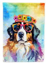 Load image into Gallery viewer, Bernese Mountain Dog Hippie Dawg Garden Flag – Retro Dog with Sunglasses &amp; Multicolored Background