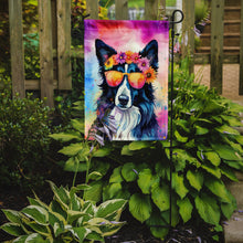 Load image into Gallery viewer, Border Collie Hippie Dawg Garden Flag – Retro Dog with Sunglasses &amp; Multicolored Background