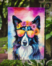 Load image into Gallery viewer, Border Collie Hippie Dawg Garden Flag – Retro Dog with Sunglasses &amp; Multicolored Background