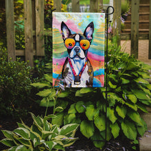 Load image into Gallery viewer, Boston Terrier Hippie Dawg Garden Flag – Retro Dog with Sunglasses &amp; Multicolored Background