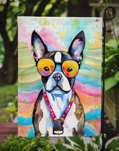 Load image into Gallery viewer, Boston Terrier Hippie Dawg Garden Flag – Retro Dog with Sunglasses &amp; Multicolored Background