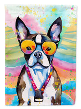 Load image into Gallery viewer, Boston Terrier Hippie Dawg Garden Flag – Retro Dog with Sunglasses &amp; Multicolored Background