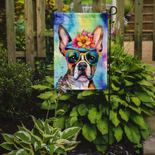 Load image into Gallery viewer, Boston Terrier Hippie Dawg Garden Flag – Retro Dog with Sunglasses &amp; Multicolored Background