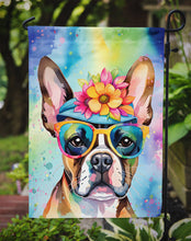 Load image into Gallery viewer, Boston Terrier Hippie Dawg Garden Flag – Retro Dog with Sunglasses &amp; Multicolored Background