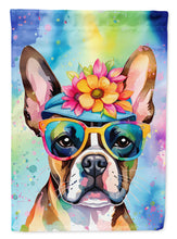 Load image into Gallery viewer, Boston Terrier Hippie Dawg Garden Flag – Retro Dog with Sunglasses &amp; Multicolored Background