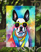 Load image into Gallery viewer, Boston Terrier Hippie Dawg Garden Flag – Retro Dog with Sunglasses &amp; Multicolored Background