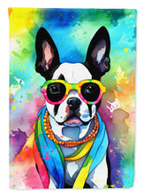 Load image into Gallery viewer, Boston Terrier Hippie Dawg Garden Flag – Retro Dog with Sunglasses &amp; Multicolored Background