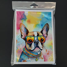 Load image into Gallery viewer, Boston Terrier Hippie Dawg Greeting Cards - Blank Note Cards – 8-Pack of Artist-Designed Cards with Envelopes