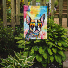 Load image into Gallery viewer, Boston Terrier Hippie Dawg Garden Flag – Retro Dog with Sunglasses &amp; Multicolored Background