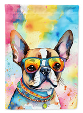 Load image into Gallery viewer, Boston Terrier Hippie Dawg Garden Flag – Retro Dog with Sunglasses &amp; Multicolored Background