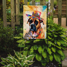 Load image into Gallery viewer, Boxer Hippie Dawg Garden Flag – Retro Dog with Sunglasses &amp; Multicolored Background